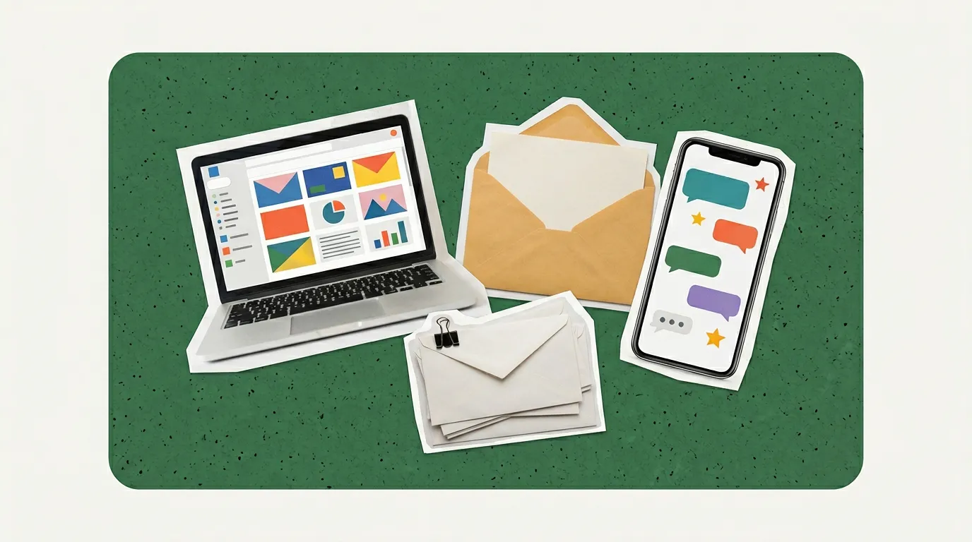 Scrapbook collage of a laptop showing an inbox, envelope and phone notifications on a red card