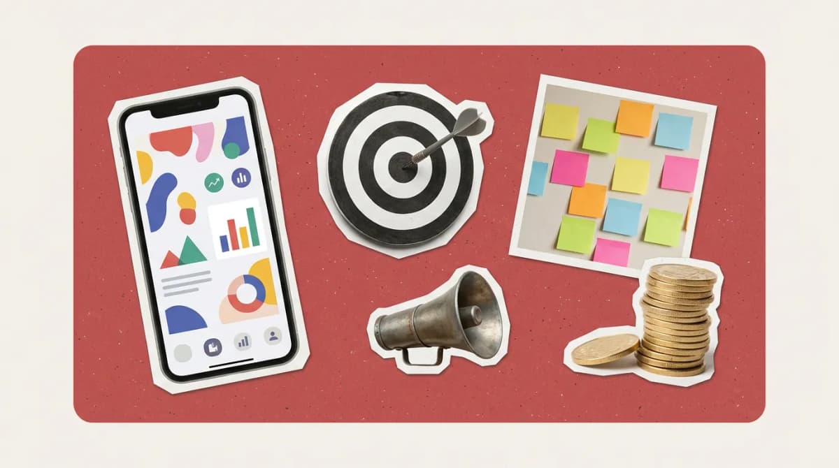 Scrapbook collage of a megaphone, sticky notes and phone with social media on a red card