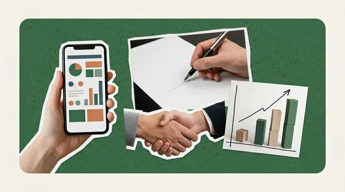 Scrapbook collage of a phone, contract with pen, handshake and bar chart on a yellow card