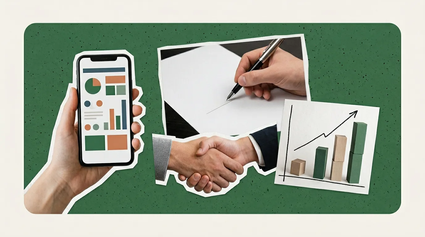 Scrapbook collage of a phone, contract with pen, handshake and bar chart on a yellow card