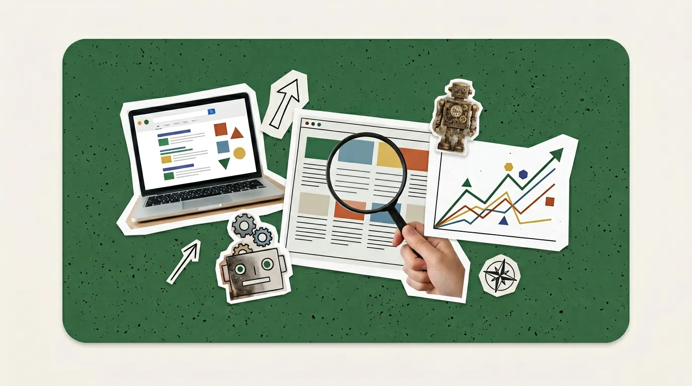 Scrapbook collage of a magnifying glass, keyboard and keyword rankings chart on a green card