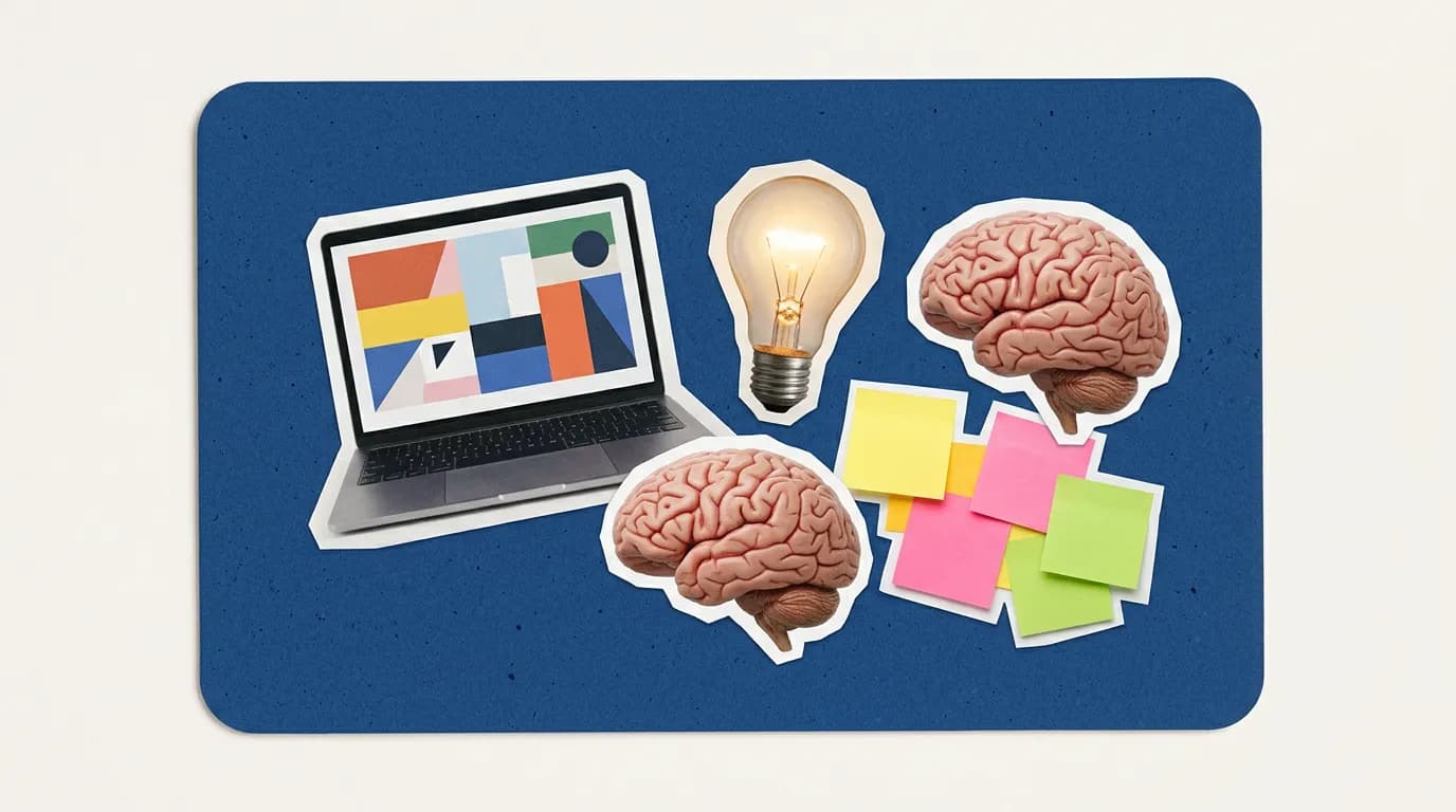 Scrapbook collage of a laptop with chat conversation, lightbulb, brain and sticky notes on a green card