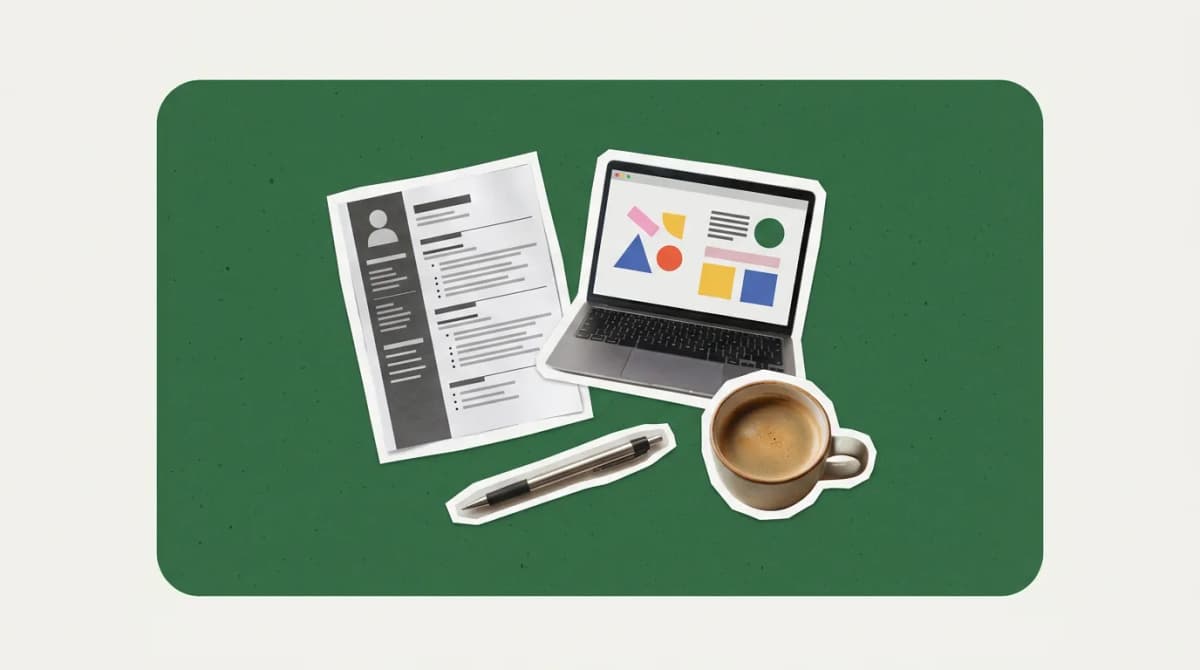 Scrapbook collage of a printed resume, laptop, pen and coffee cup on a blue card