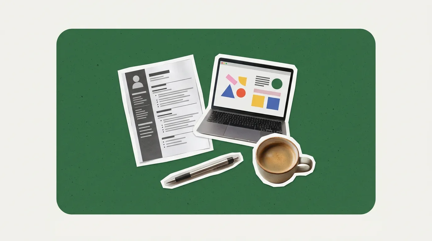 Scrapbook collage of a printed resume, laptop, pen and coffee cup on a blue card