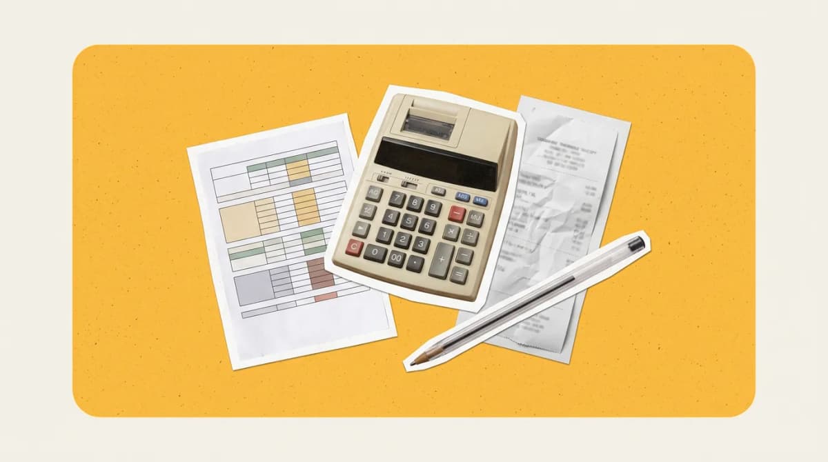 Scrapbook collage of calculator, spreadsheet printout, receipt, pen representing Accounting Software for Interior Designers