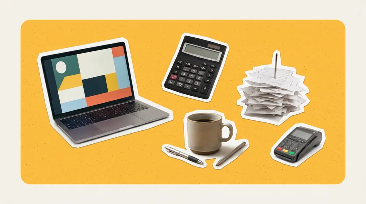 Scrapbook collage of objects representing Accounting Software for Small Restaurants