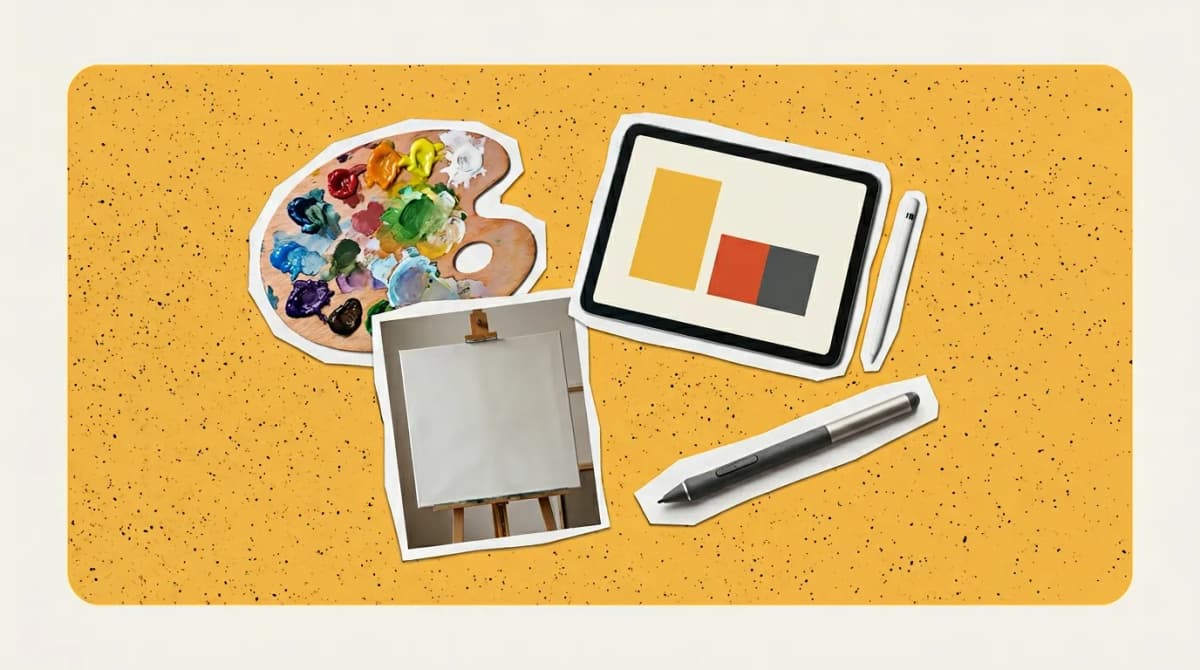 Scrapbook collage of paint palette, digital tablet, stylus, canvas representing AI Art Generators