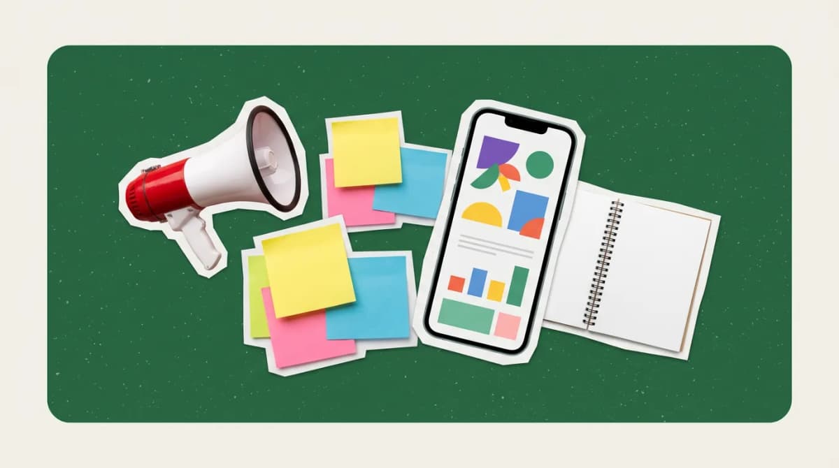 Scrapbook collage of megaphone, sticky notes, phone with analytics, notebook representing AI Digital Marketing Tools