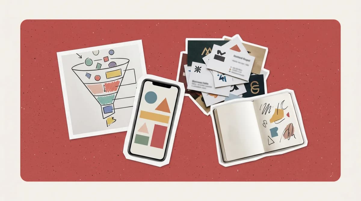 Scrapbook collage of funnel diagram, phone, business cards, notebook representing AI Lead Generation Tools