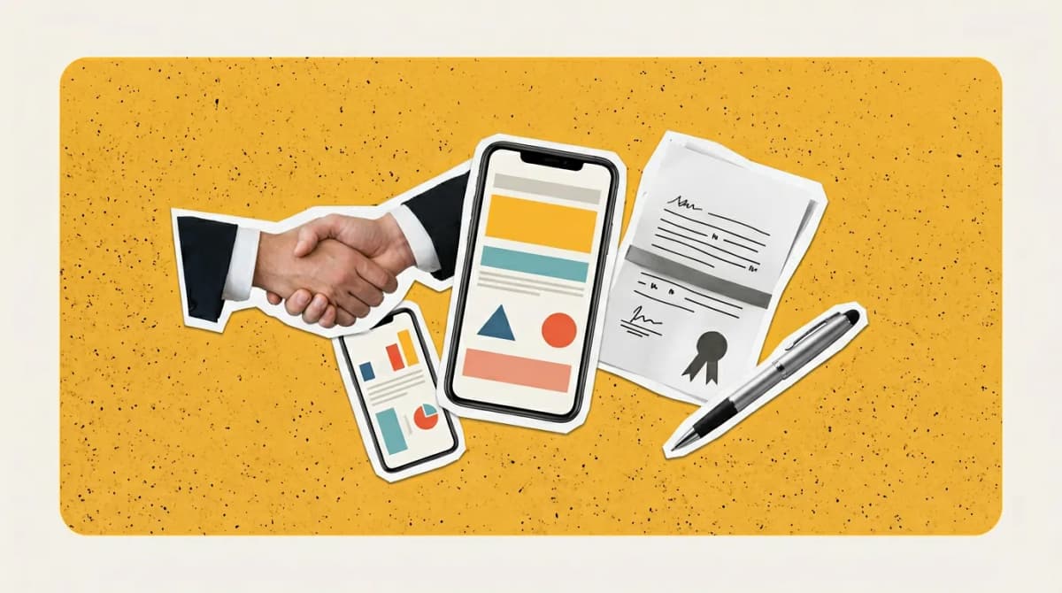 Scrapbook collage of handshake, phone, contract, pen representing AI Sales Tools