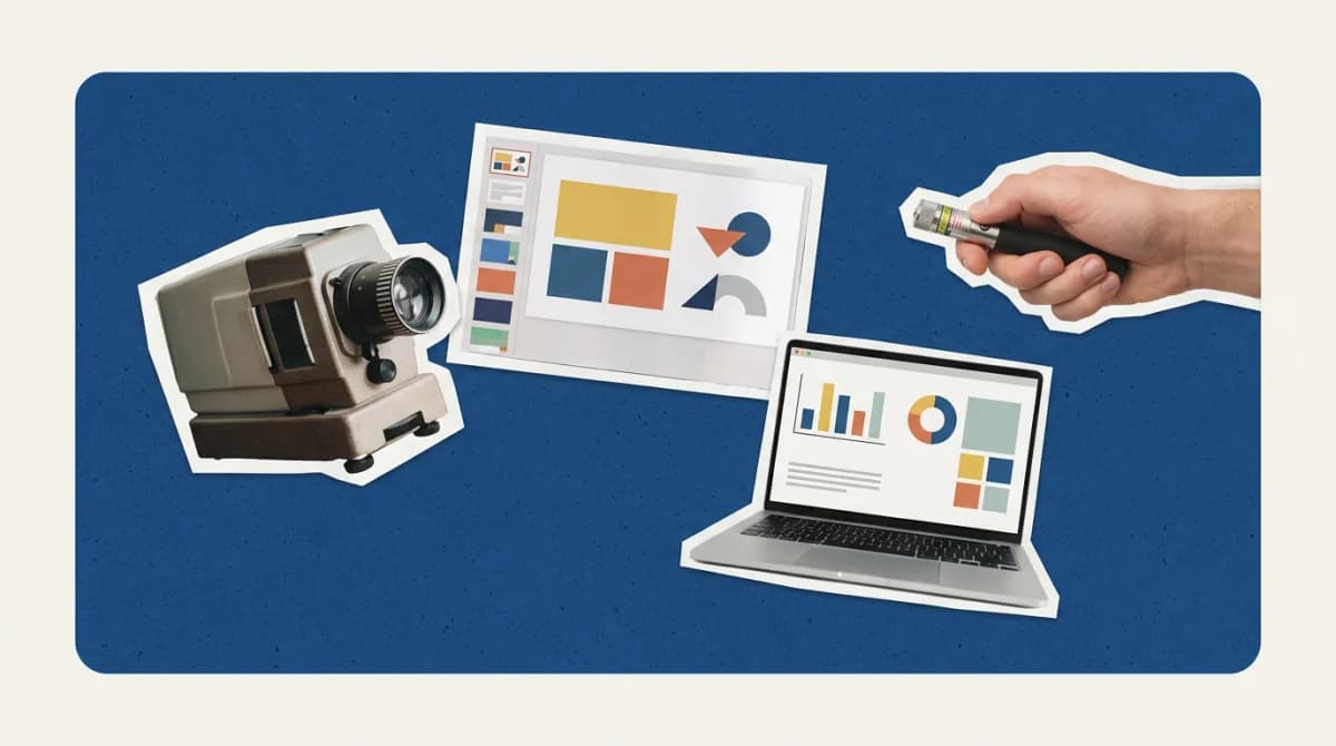Scrapbook collage of projector, slide printout, laser pointer, laptop representing AI Tools For Presentations