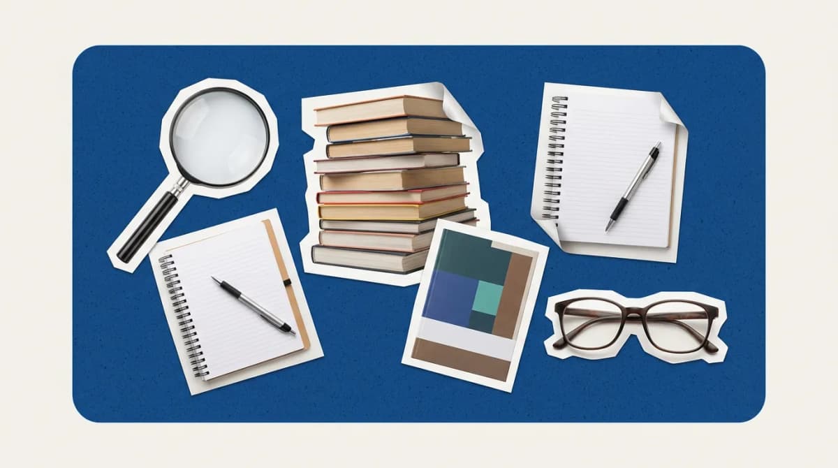 Scrapbook collage of magnifying glass, books, notebook, glasses representing AI Tools For Research