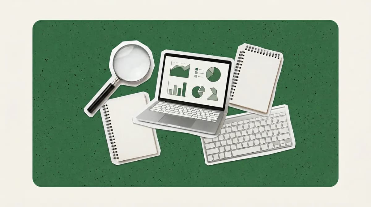 Scrapbook collage of magnifying glass, laptop with chart, notebook, keyboard representing AI Tools For SEO