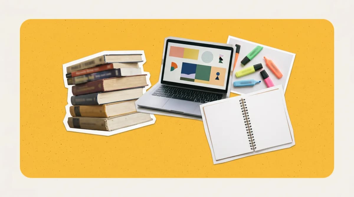 Scrapbook collage of textbooks, laptop, highlighters, notebook representing AI Tools For Students