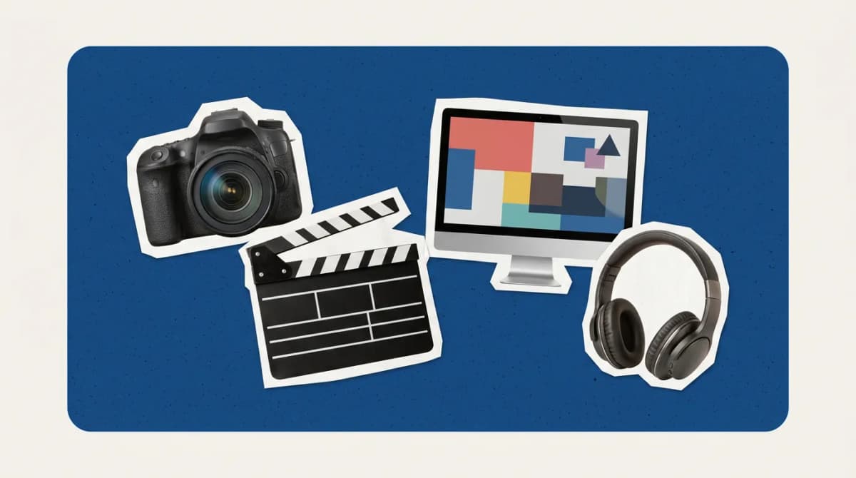 Scrapbook collage of camera, clapperboard, monitor, headphones representing AI Tools For Video Editing