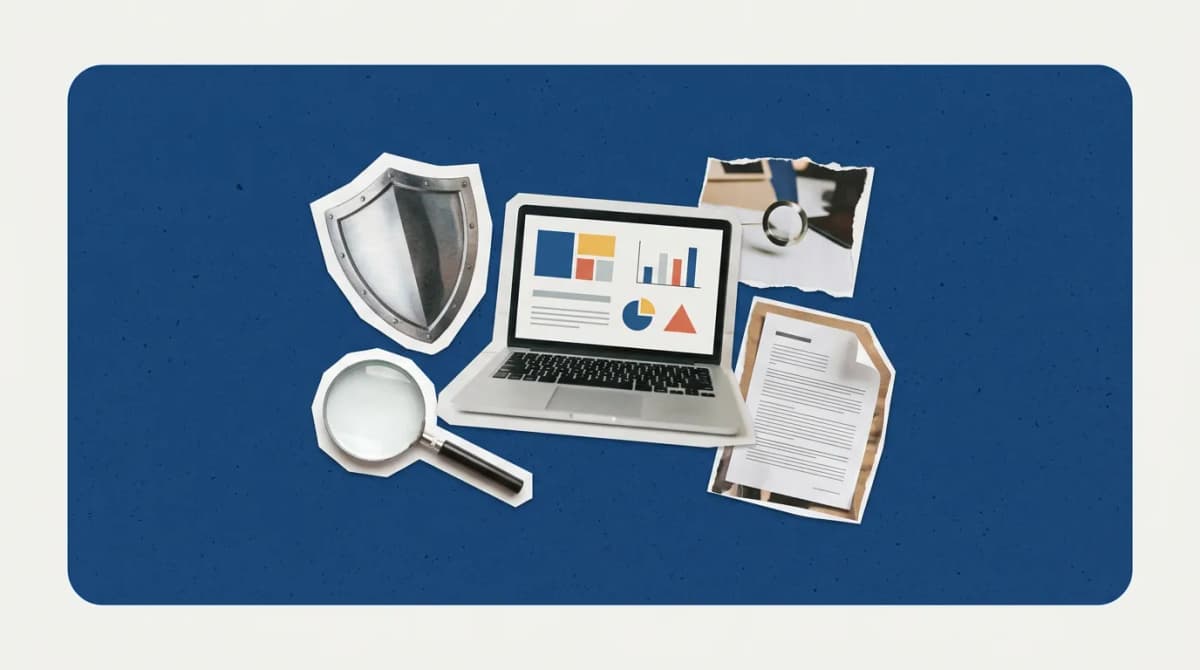 Scrapbook collage of shield, laptop, magnifying glass, document representing Brand Protection Software
