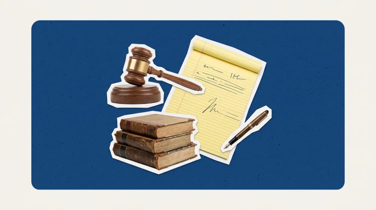 Scrapbook collage of gavel, legal pad, books, pen representing Case Legal Software