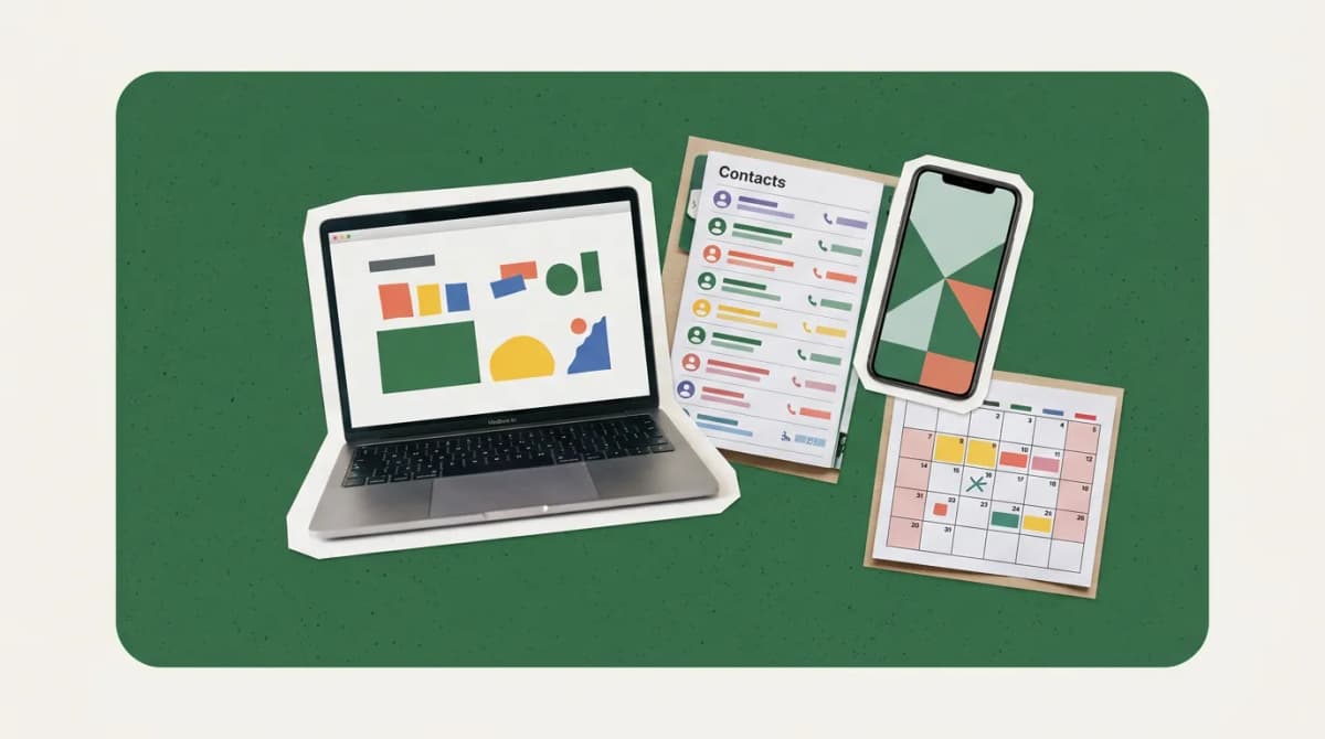 Scrapbook collage of laptop, contacts list, phone, calendar representing CRM Software for Mac