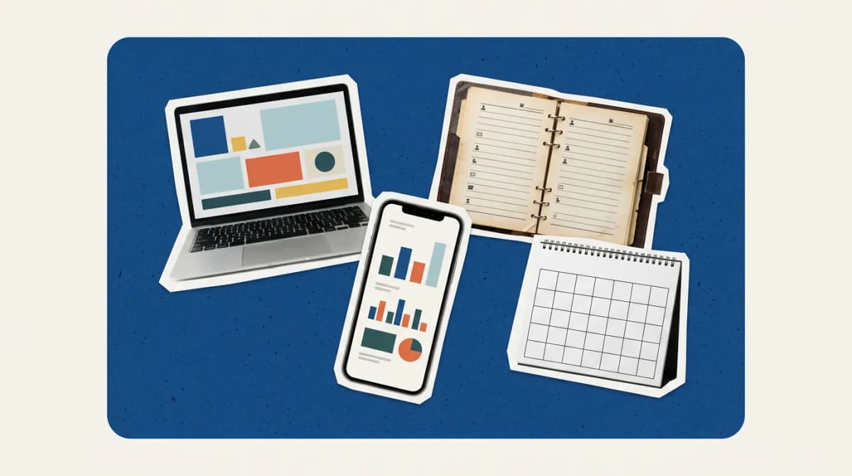 Scrapbook collage of laptop, contacts list, phone, calendar representing CRM Software for Manufacturing