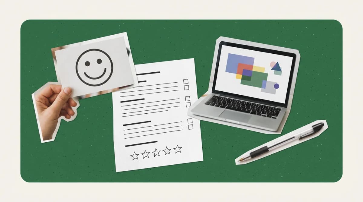 Scrapbook collage of smiley face card, survey form, laptop, pen representing Customer Satisfaction Software
