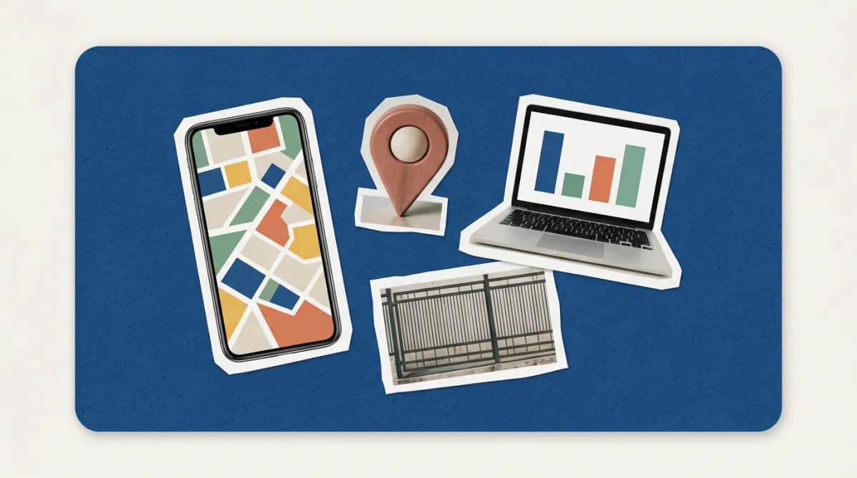 Scrapbook collage of phone with map, location pin, laptop, fence representing Geofencing Software