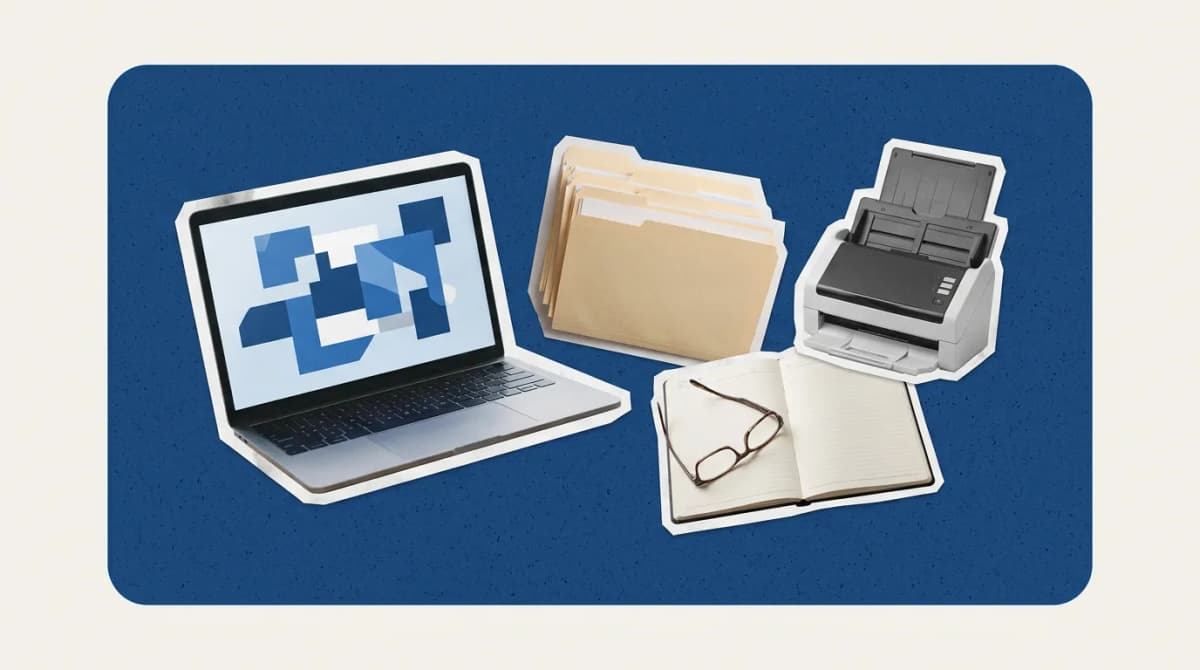 Scrapbook collage of objects representing HR Document Management Software