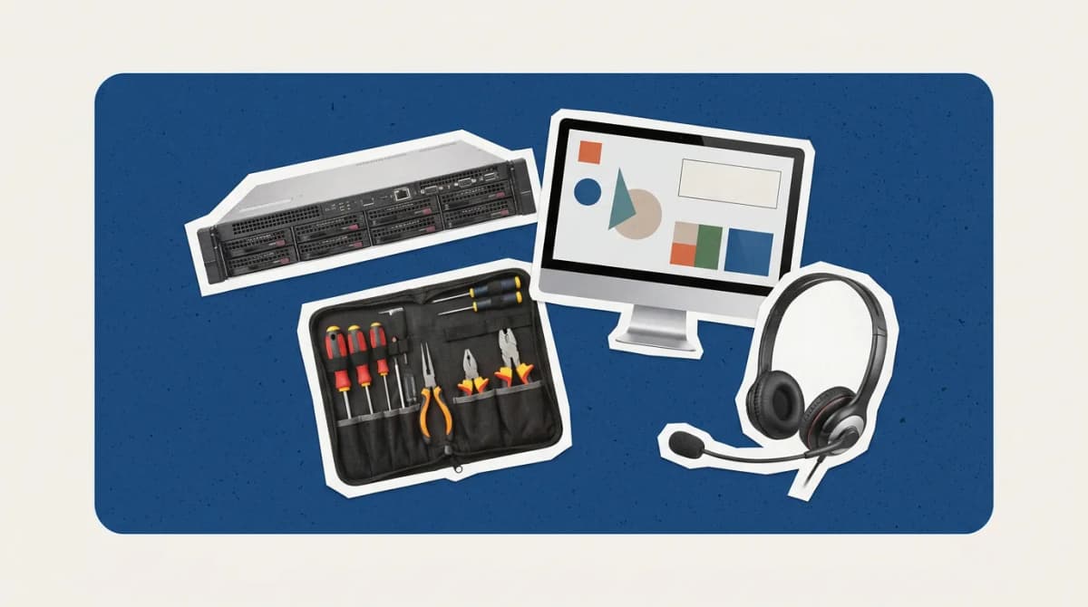 Scrapbook collage of server, monitor, toolkit, headset representing MSP Software