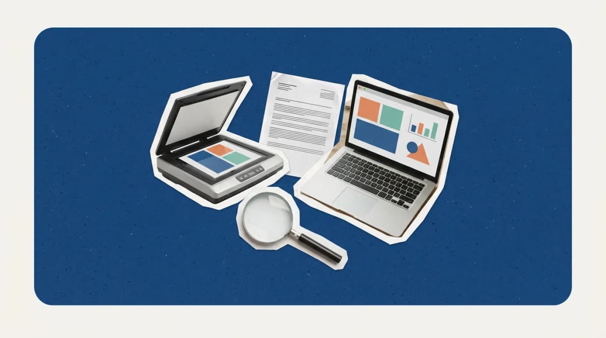 Scrapbook collage of scanner, document, laptop, magnifying glass representing OCR Software for Invoice Processing