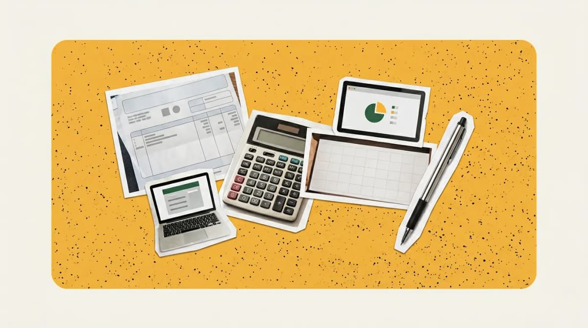 Scrapbook collage of pay slip, calculator, calendar, pen representing Payroll Software for 1099 Employees