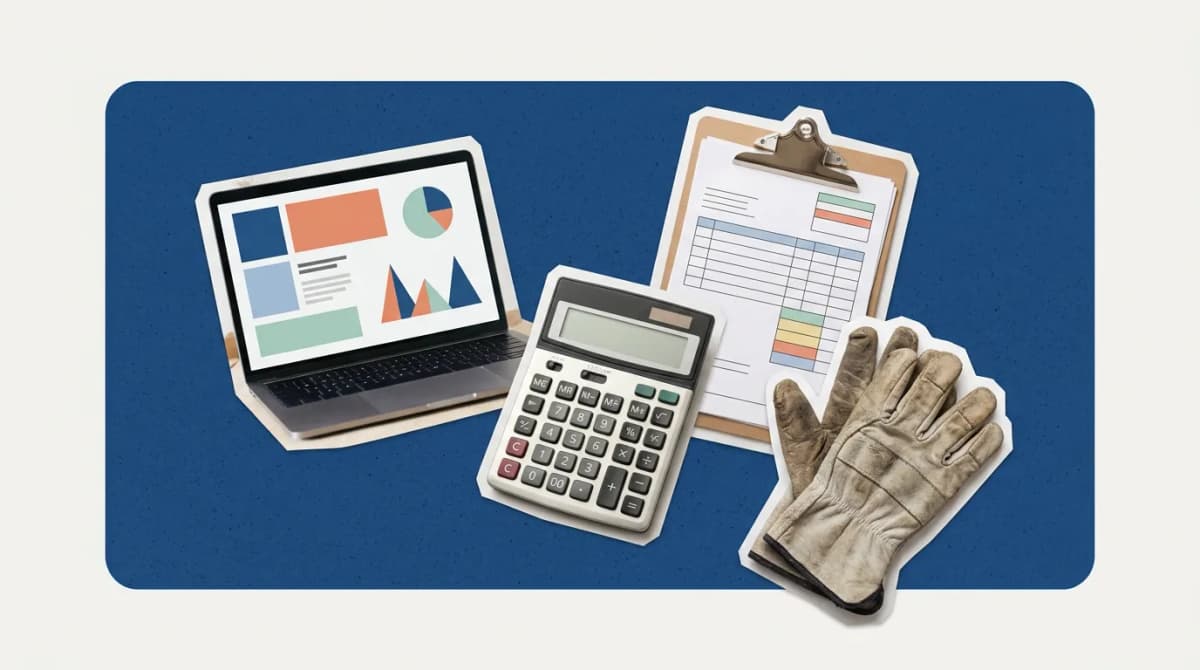 Scrapbook collage of objects representing Payroll Software for Contractors