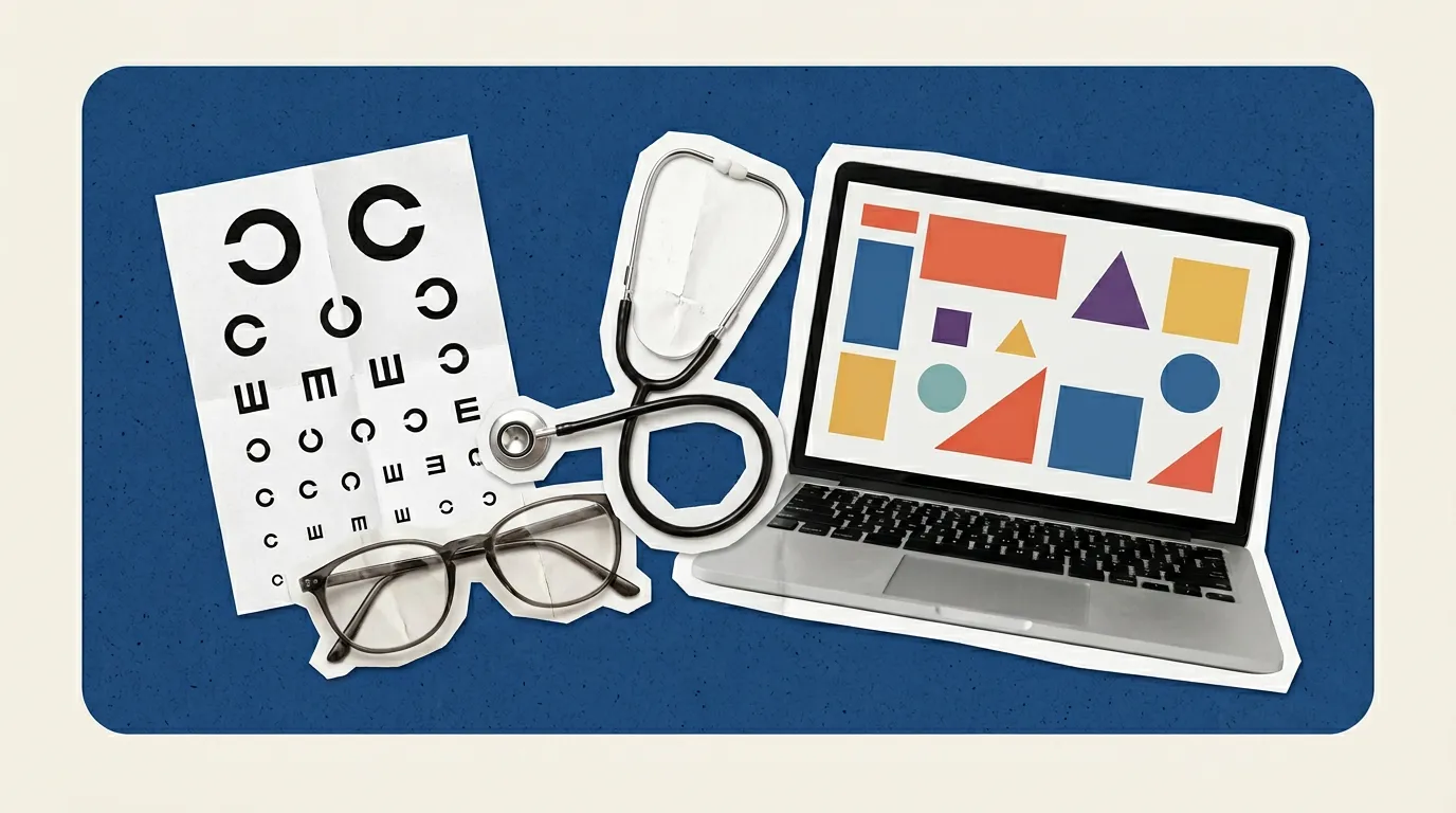 Scrapbook collage of eye chart, glasses, laptop, stethoscope representing Practice Management Software for Ophthalmology