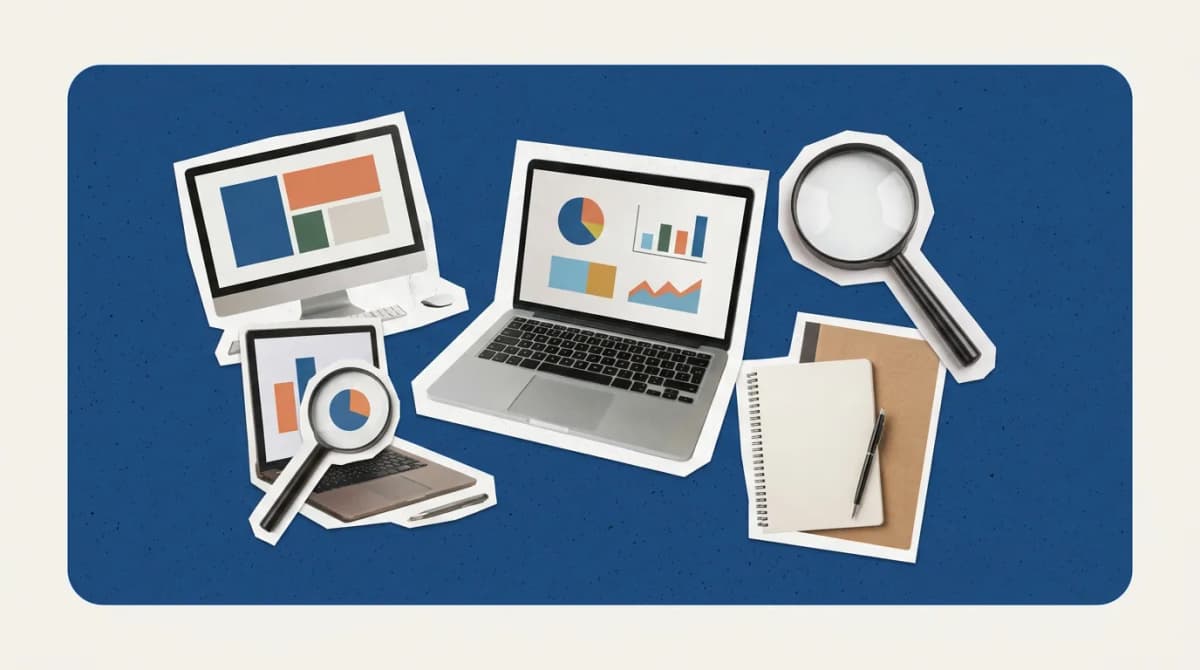 Scrapbook collage of laptop with charts, magnifying glass, notebook, pen representing Product Analytics Software