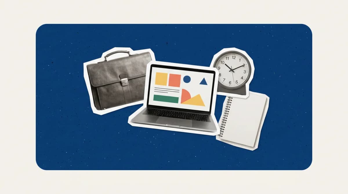 Scrapbook collage of briefcase, laptop, clock, notebook representing Professional Service Automation Software
