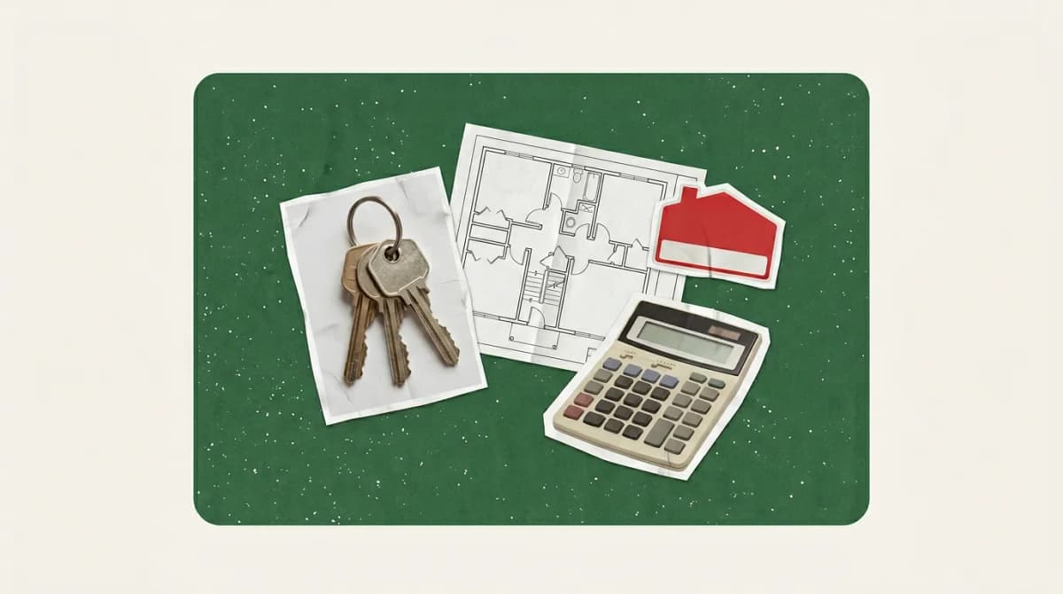 Scrapbook collage of gantt chart printout, laptop, hard hat, blueprint representing Project Management Software for Real Estate Development
