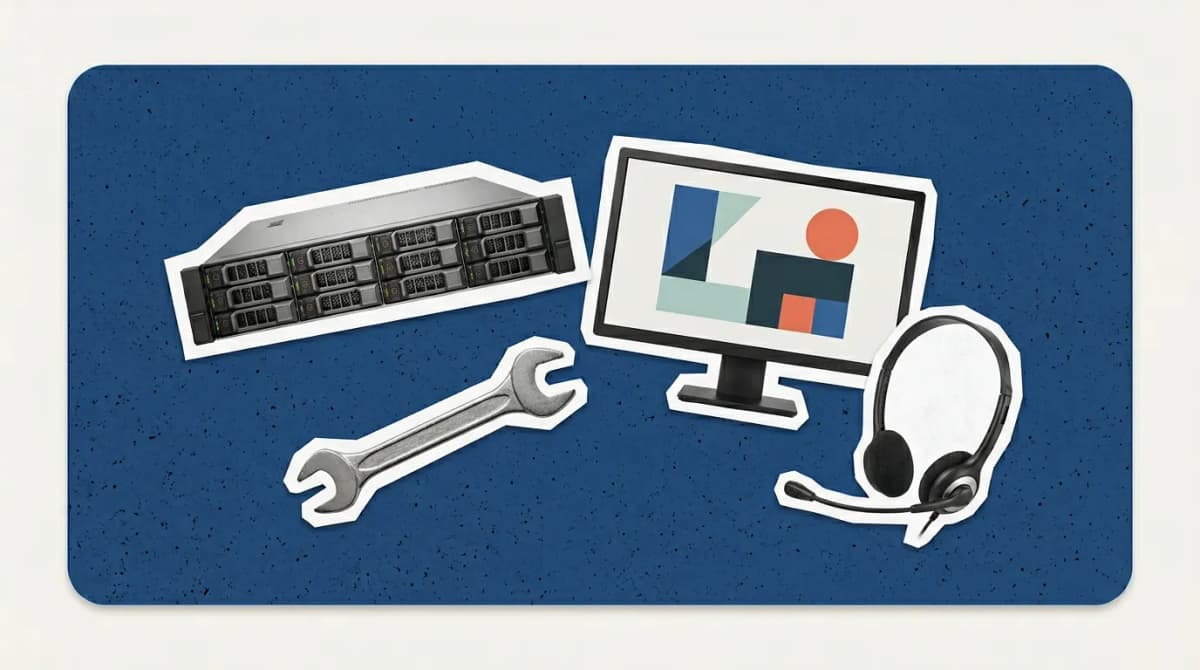 Scrapbook collage of server, monitor, wrench, headset representing RMM Software