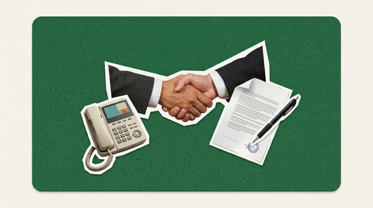 Scrapbook collage of handshake, phone, contract, pen representing Sales Management Software