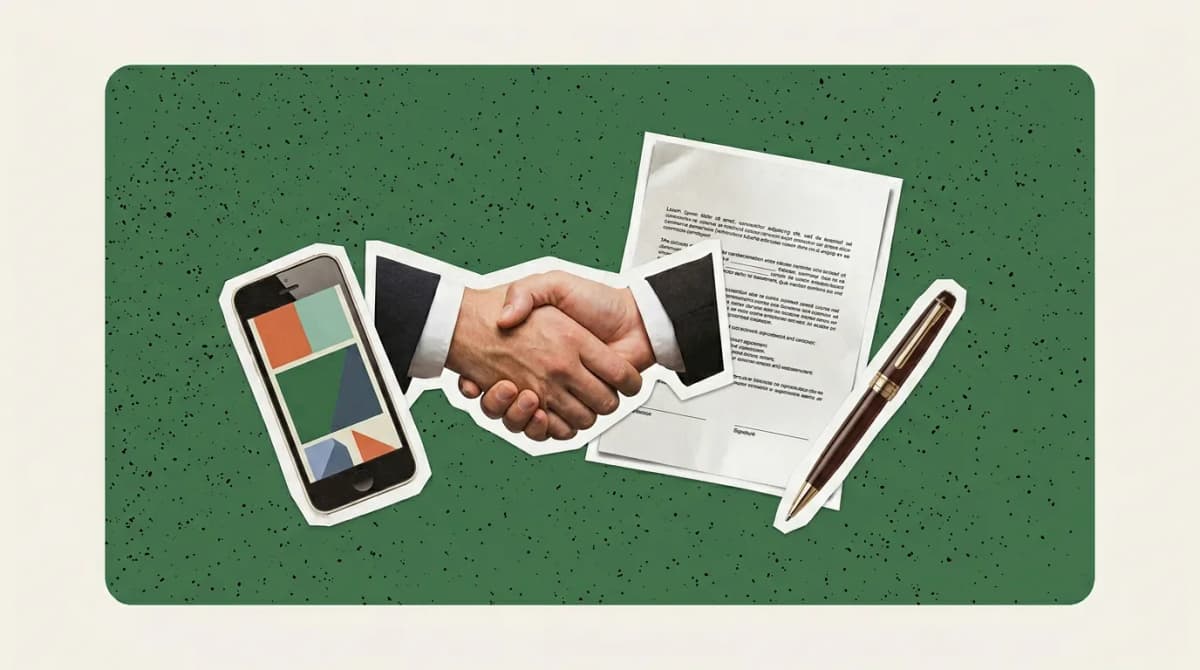 Scrapbook collage of handshake, phone, contract, pen representing Sales Performance Management Software