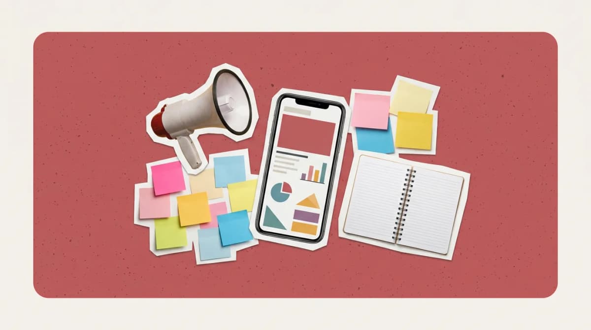 Scrapbook collage of megaphone, sticky notes, phone with analytics, notebook representing Software for Marketing Agencies