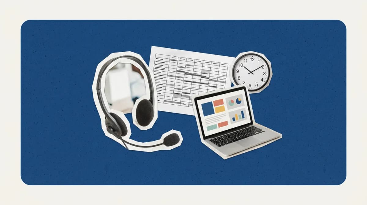 Scrapbook collage of headset, schedule printout, laptop, clock representing WFM Software for Call Centers