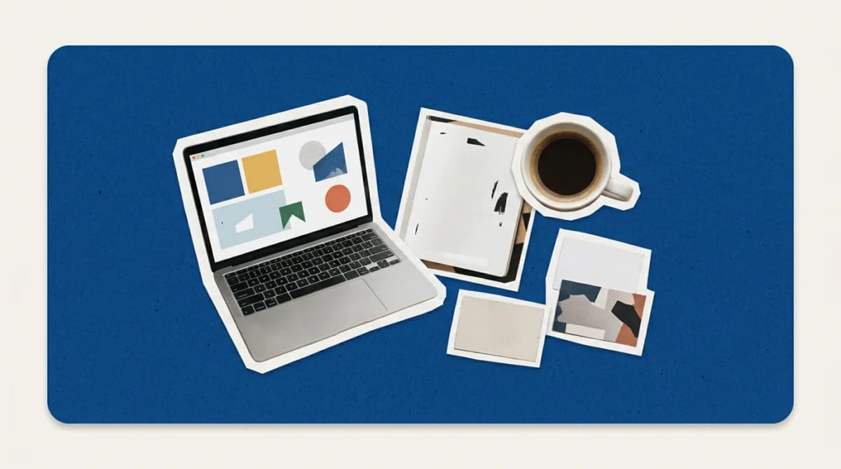 Scrapbook collage of contract document, pen, laptop, stamp representing AI Contract Management Tools