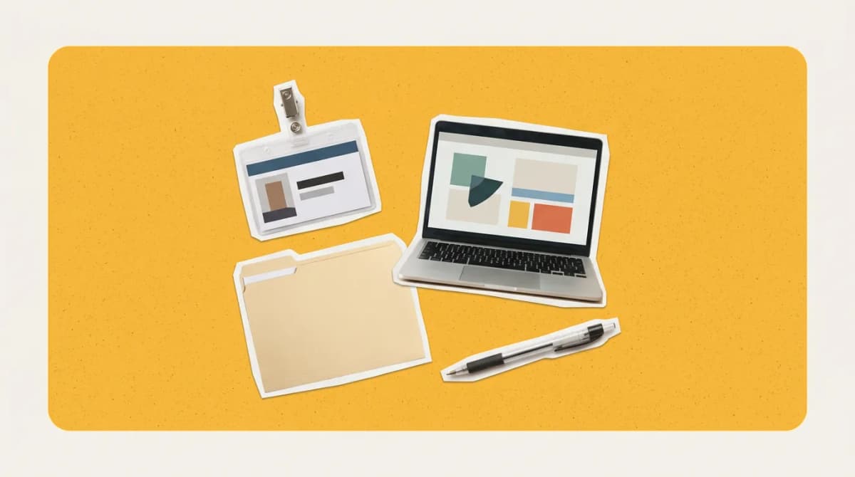 Scrapbook collage of laptop, volunteer badge, folder, calculator representing HR Software For Nonprofits